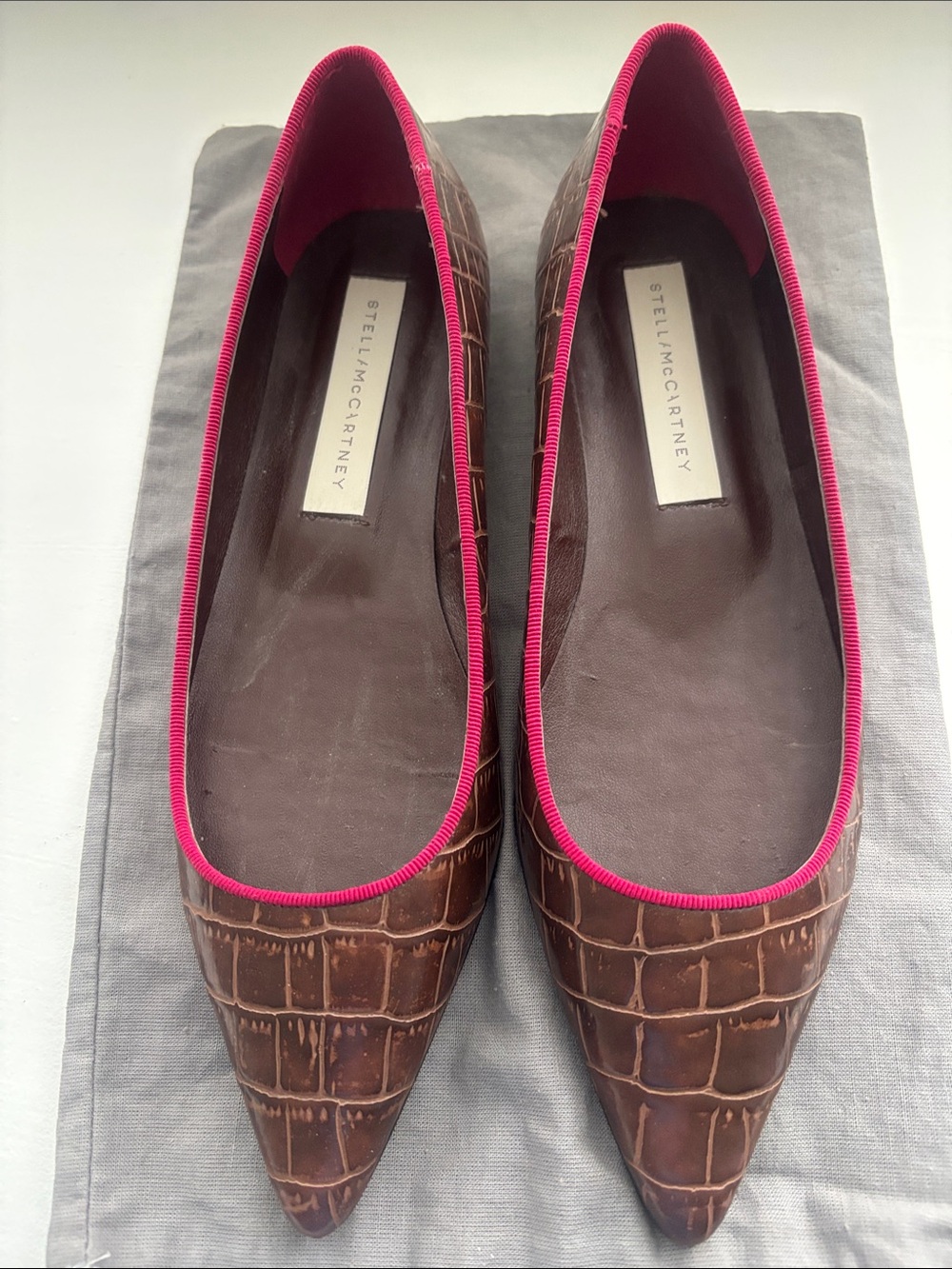 Stella McCartney Brown Croc-Embossed Pointed Flats with Pink Trim